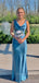Straps V-neck Mermaid Blue Satin Long Evening Prom Dresses, Sleeveless Backless Prom Dress, PM0849