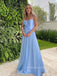 Spaghetti Straps A-line V-neck Long Evening Prom Dresses, Backless Sleeveless Baby Blue Prom Dress, PM0853