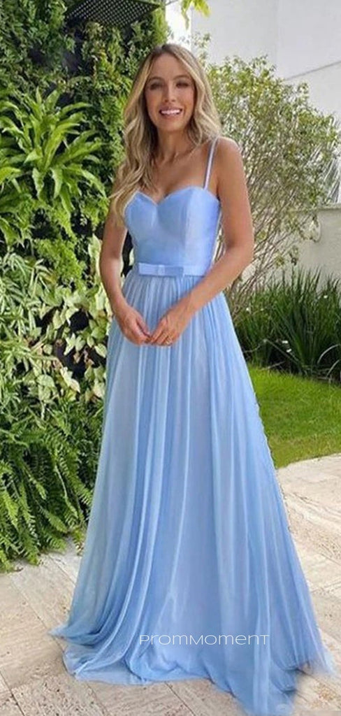 Spaghetti Straps A-line V-neck Long Evening Prom Dresses, Backless Sleeveless Baby Blue Prom Dress, PM0853