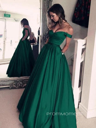 Satin Deep V-neck Off Shoulder A-line Long Evening Prom Dresses, Backless Strapless Prom Dress, PM0855