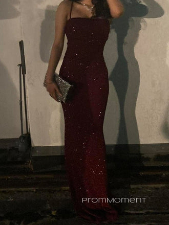 Spaghetti Straps Sparkly Mermaid Long Evening Prom Dresses, Sheath Sleeveless Prom Dress, PM0857