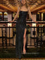 Sparkly Black Spaghetti Straps Mermaid Long Evening Prom Dresses, Side Slit Sleeveless Prom Dress, PM0858