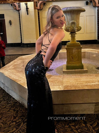 Sparkly Black Spaghetti Straps Mermaid Long Evening Prom Dresses, Side Slit Sleeveless Prom Dress, PM0858