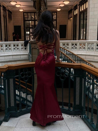 V-neck Spaghetti Straps Mermaid Long Evening Prom Dresses, Side Slit Backless Sheath Prom Dress, PM0859