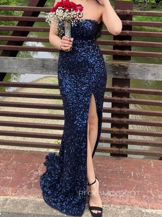 Strapless Sequins Sparkly Mermaid Long Evening Prom Dresses, Backless Side Slit Navy Blue Prom Dress, PM0861