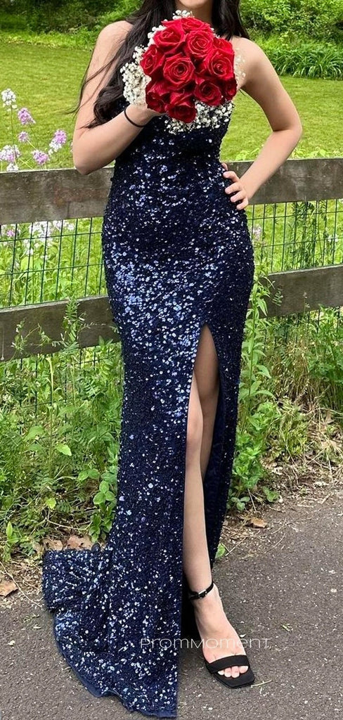 Strapless Sequins Sparkly Mermaid Long Evening Prom Dresses, Backless Side Slit Navy Blue Prom Dress, PM0861