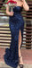 Strapless Sequins Sparkly Mermaid Long Evening Prom Dresses, Backless Side Slit Navy Blue Prom Dress, PM0861