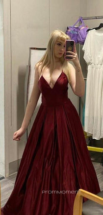 Deep V-neck Spaghetti Straps A-line Long Evening Prom Dresses, Sleeveless Backless Prom Dress, PM0862