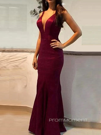 Deep V-neck Mermaid Backless Long Evening Prom Dresses, Sheath Satin Prom Dress, PM0863