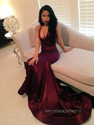 Floor-length Deep V-neck Straps Mermaid Long Evening Prom Dresses, Backless Satin Burgundy Prom Dress, PM0864