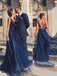 V-back Sparkly V-neck A-line Straps Long Evening Prom Dresses, Sleeveless Navy Blue Prom Dress, PM0868