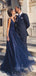 V-back Sparkly V-neck A-line Straps Long Evening Prom Dresses, Sleeveless Navy Blue Prom Dress, PM0868