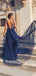 V-back Sparkly V-neck A-line Straps Long Evening Prom Dresses, Sleeveless Navy Blue Prom Dress, PM0868