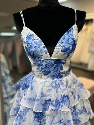 Deep V-neck Spaghetti Straps A-line Long Evening Prom Dresses, Side Slit Unique Prom Dress, PM0869