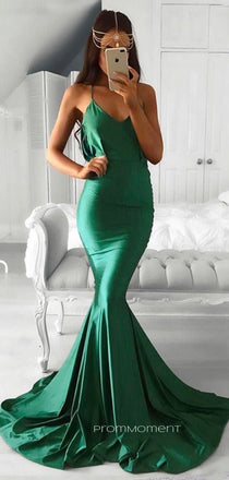 Sexy Mermaid V-neck Sheath Long Evening Prom Dresses, Spaghetti Straps Backless Prom Dress, PM0872