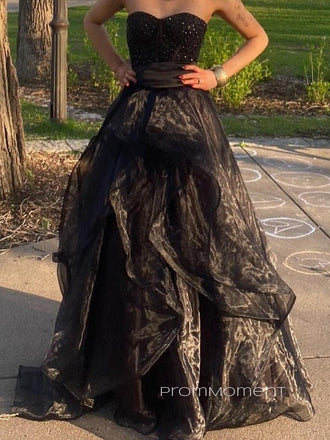 Sweetheart Strapless Sleeveless A-line Long Evening Prom Dresses, Black Organza Prom Dress, PM0873