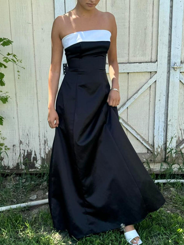 Black A-line Satin Strapless Long Evening Prom Dresses, Backless Sleeveless Prom Dress, PM0874