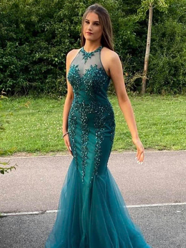 Mermaid Sleeveless Halter Sheath Long Evening Prom Dresses, Backless Beautiful Prom Dress, PM0876