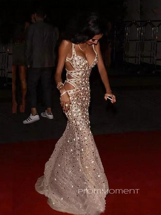 Formal Sparkly Deep V-neck High Slit Mermaid Long Evening Prom Dresses, Sexy Backless Prom Dress, PM0877