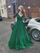 Elegant A-line Off Shoulder Long Evening Prom Dresses, V-neck V-back Green Prom Dress, PM0878