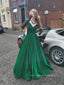 Elegant A-line Off Shoulder Long Evening Prom Dresses, V-neck V-back Green Prom Dress, PM0878