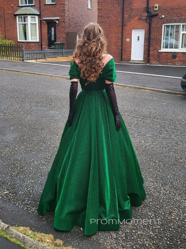 Elegant A-line Off Shoulder Long Evening Prom Dresses, V-neck V-back Green Prom Dress, PM0878