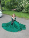 Elegant A-line Off Shoulder Long Evening Prom Dresses, V-neck V-back Green Prom Dress, PM0878