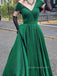 Elegant A-line Off Shoulder Long Evening Prom Dresses, V-neck V-back Green Prom Dress, PM0878