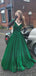 Elegant A-line Off Shoulder Long Evening Prom Dresses, V-neck V-back Green Prom Dress, PM0878