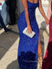 Sequins Spaghetti Straps Mermaid Long Evening Prom Dresses, Sparkly High Slit Royal Blue Prom Dress, PM0879