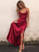 Satin Spaghetti Straps Side Slit Long Evening Prom Dresses, A-line Backless Prom Dress, PM0880