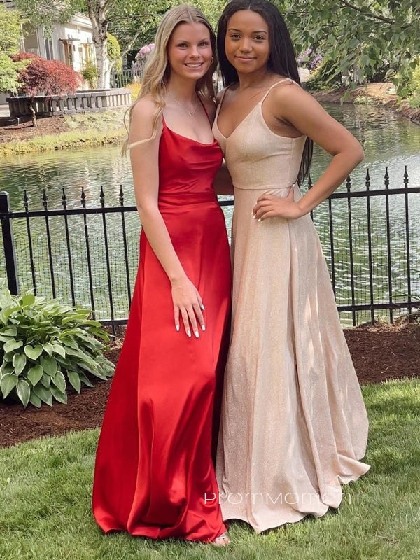 Satin Spaghetti Straps Side Slit Long Evening Prom Dresses, A-line Backless Prom Dress, PM0880