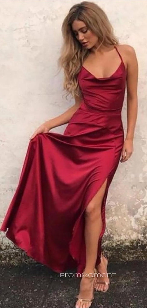 Satin Spaghetti Straps Side Slit Long Evening Prom Dresses, A-line Backless Prom Dress, PM0880