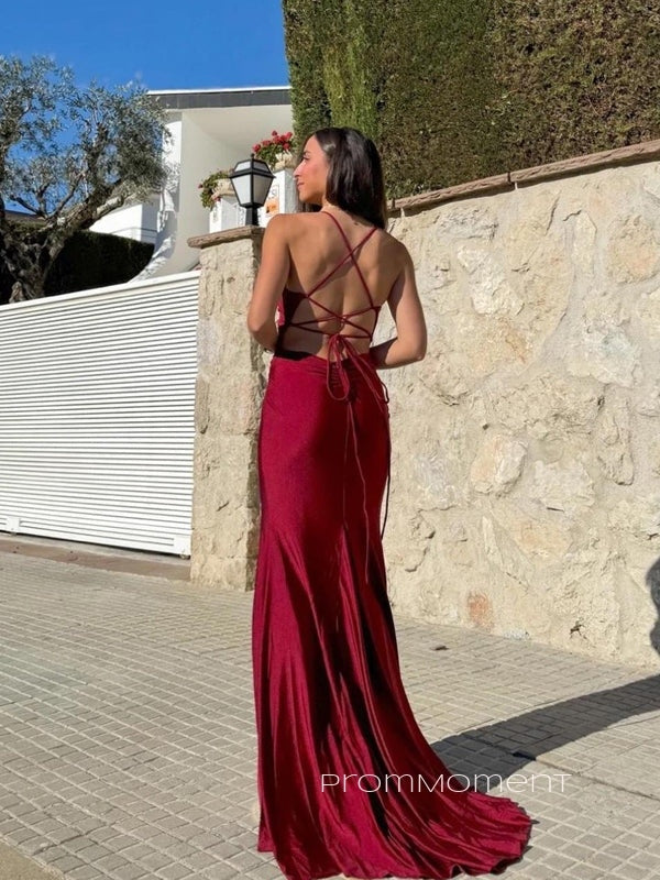 Deep V-neck Mermaid Spaghetti Straps Long Evening Prom Dresses, Backless High Slit Sheath Prom Dress, PM0881