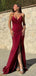 Deep V-neck Mermaid Spaghetti Straps Long Evening Prom Dresses, Backless High Slit Sheath Prom Dress, PM0881