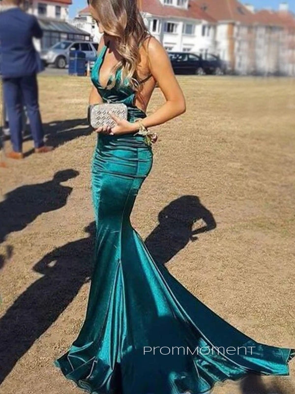 Deep V-neck Mermaid Side Slit Long Evening Prom Dresses, Halter Straps Backless Sheath Prom Dress, PM0884