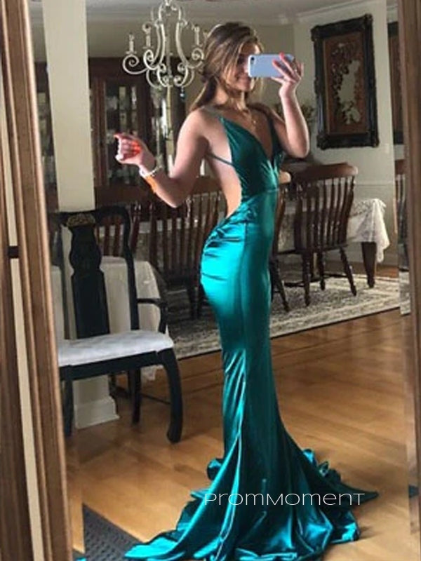 Deep V-neck Mermaid Side Slit Long Evening Prom Dresses, Halter Straps Backless Sheath Prom Dress, PM0884