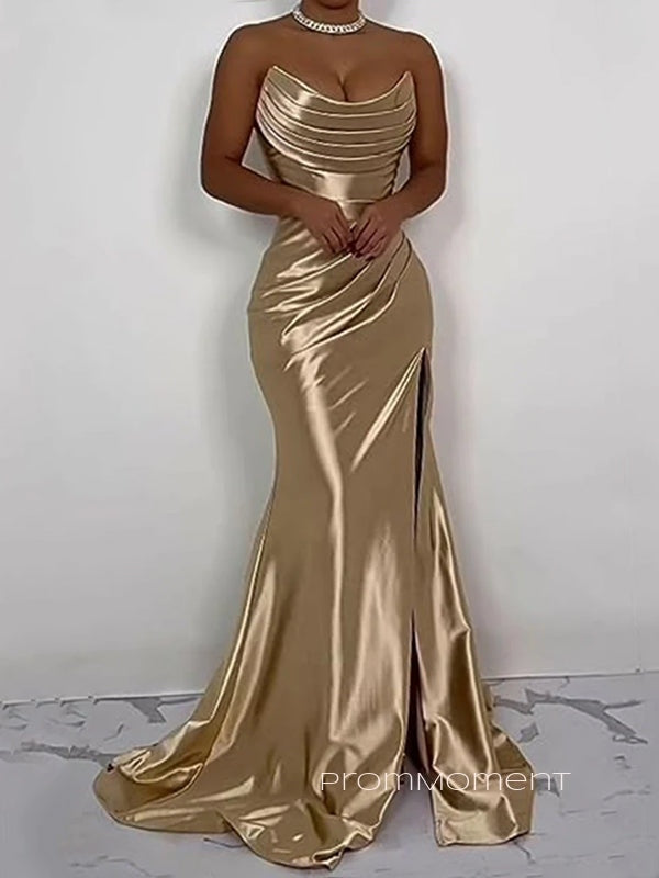 Strapless Sleeveless Gold Mermaid Long Evening Prom Dresses, Side Slit V-neck Prom Dress, PM0888