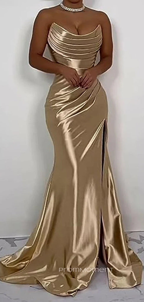 Strapless Sleeveless Gold Mermaid Long Evening Prom Dresses, Side Slit V-neck Prom Dress, PM0888