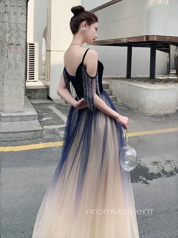 V-neck Straps Off Shoulder A-line Long Evening Prom Dresses, Tulle Beautiful Prom Dress, PM0890