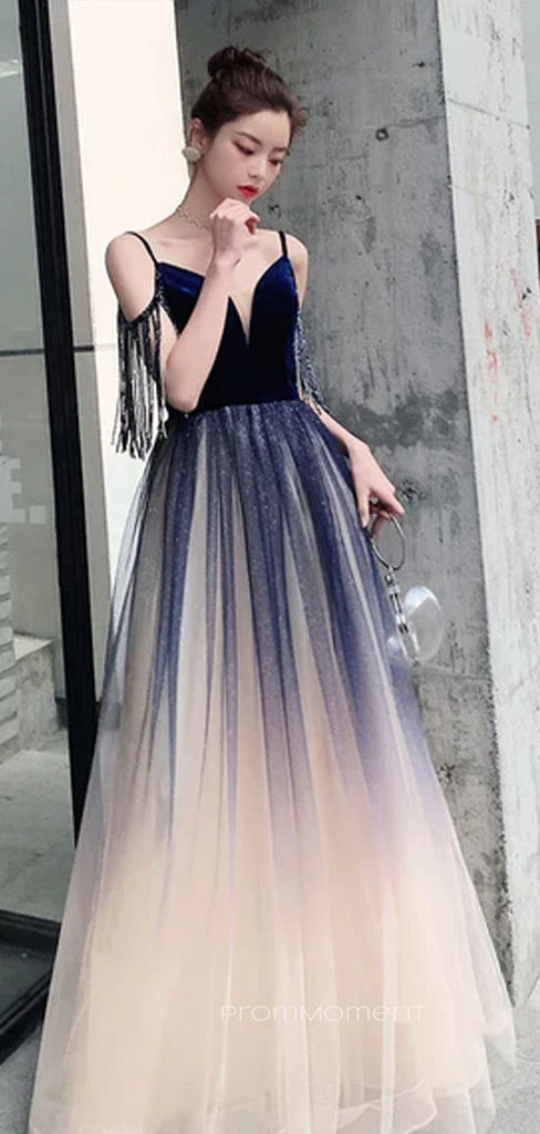 V-neck Straps Off Shoulder A-line Long Evening Prom Dresses, Tulle Beautiful Prom Dress, PM0890