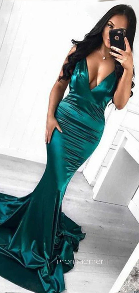 Sexy Deep V-neck Mermaid Long Evening Prom Dresses, Floor-length Straps Sheath Satin Prom Dress, PM0891