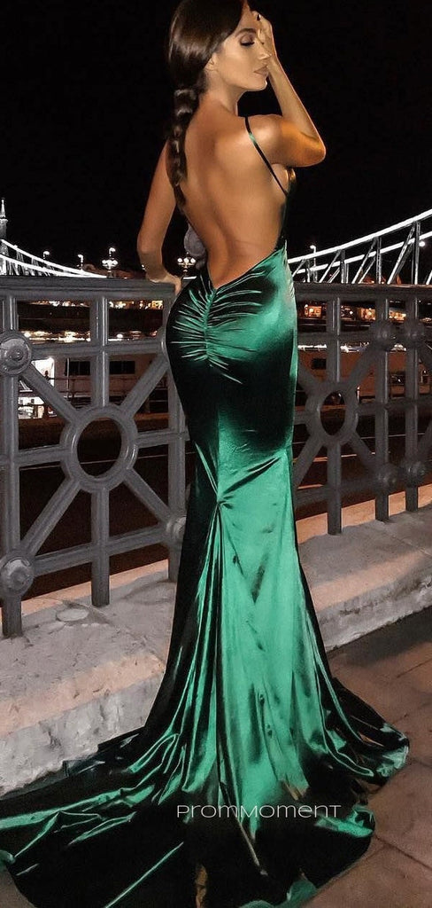 Sexy Deep V-neck Spaghetti Straps Mermaid Long Evening Prom Dresses, Floor-length Sheath V-back Satin Prom Dress, PM0894