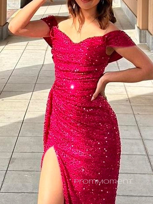 Sparkly V-neck Off Shoulder Mermaid Long Evening Prom Dresses, Side Slit Prom Dress, PM0896