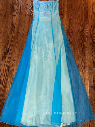 Spaghetti Straps A-line Blue Long Evening Prom Dresses, Organza Sleeveless Prom Dress, PM0900