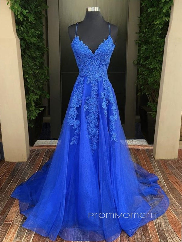 A-line Spaghetti Straps Tulle Long Evening Prom Dresses, Royal Blue V-neck Prom Dress, PM0903