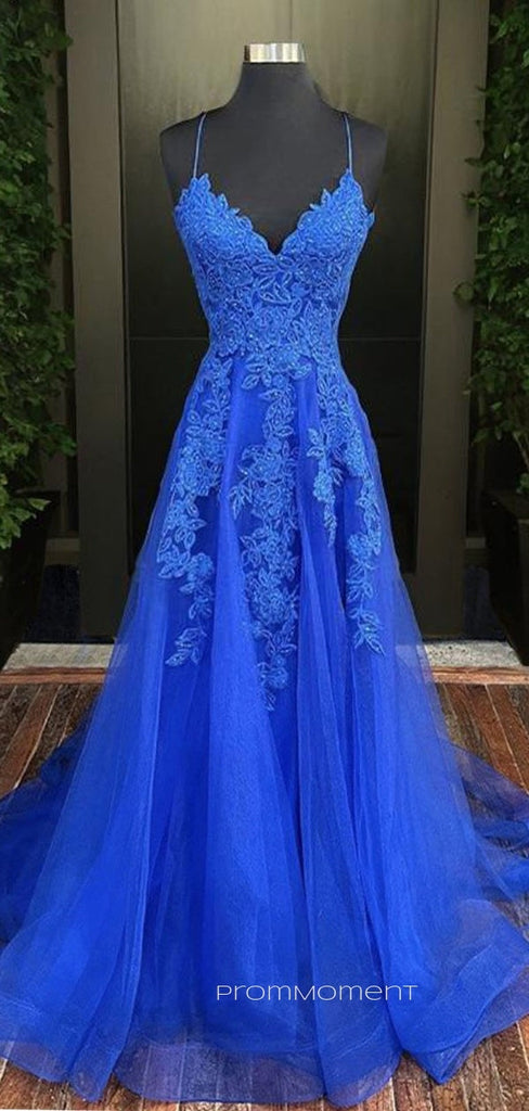 A-line Spaghetti Straps Tulle Long Evening Prom Dresses, Royal Blue V-neck Prom Dress, PM0903