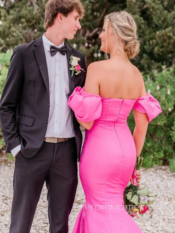 Off Shoulder Mermaid Floor-length Long Evening Prom Dresses, Strapless Pink Satin Prom Dress, PM0906