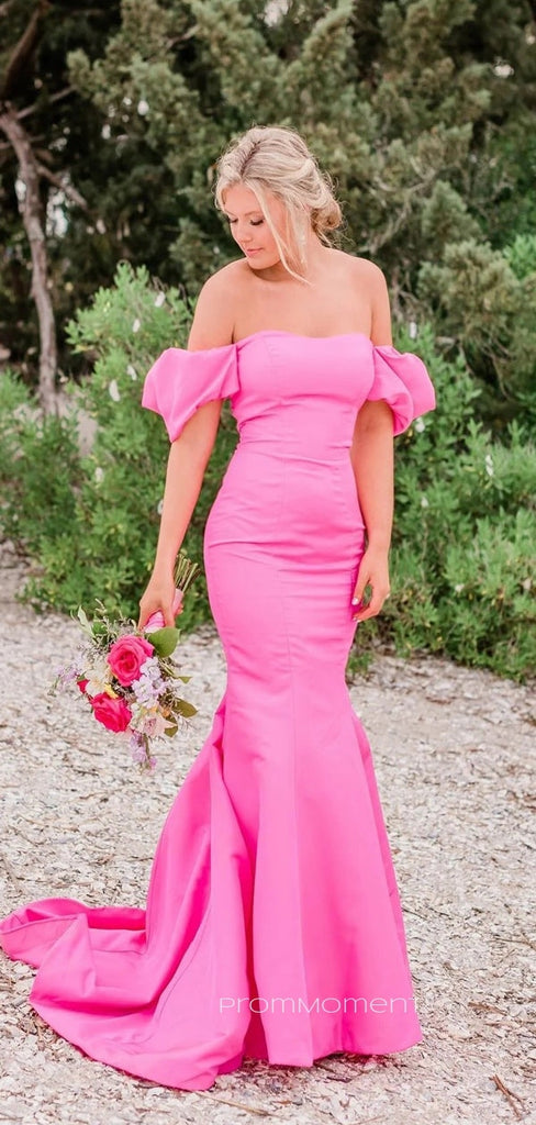 Off Shoulder Mermaid Floor-length Long Evening Prom Dresses, Strapless Pink Satin Prom Dress, PM0906