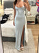 Side Slit Satin Spaghetti Straps Long Evening Prom Dresses, Simple Mermaid Backless Prom Dress, PM0909